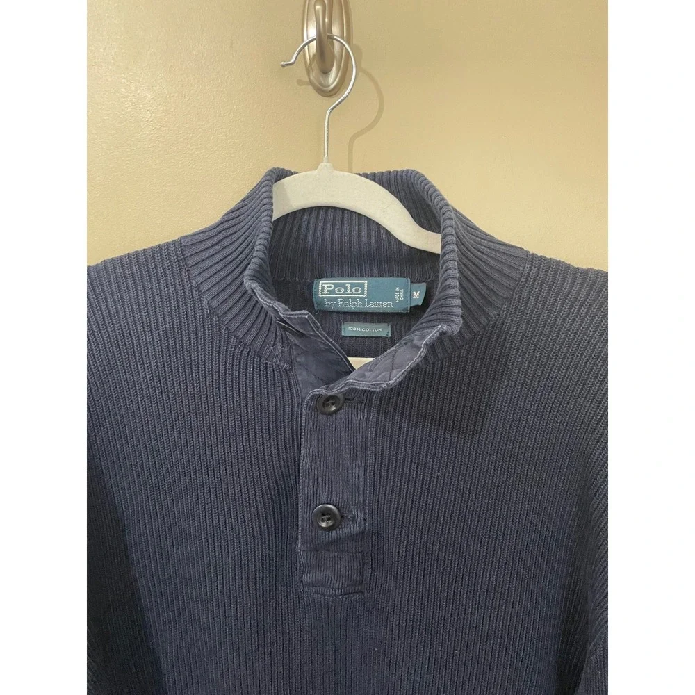 Vtg Polo Ralph Lauren Mens Navy Blue Elbow Patch Henley Military Sweater Size M